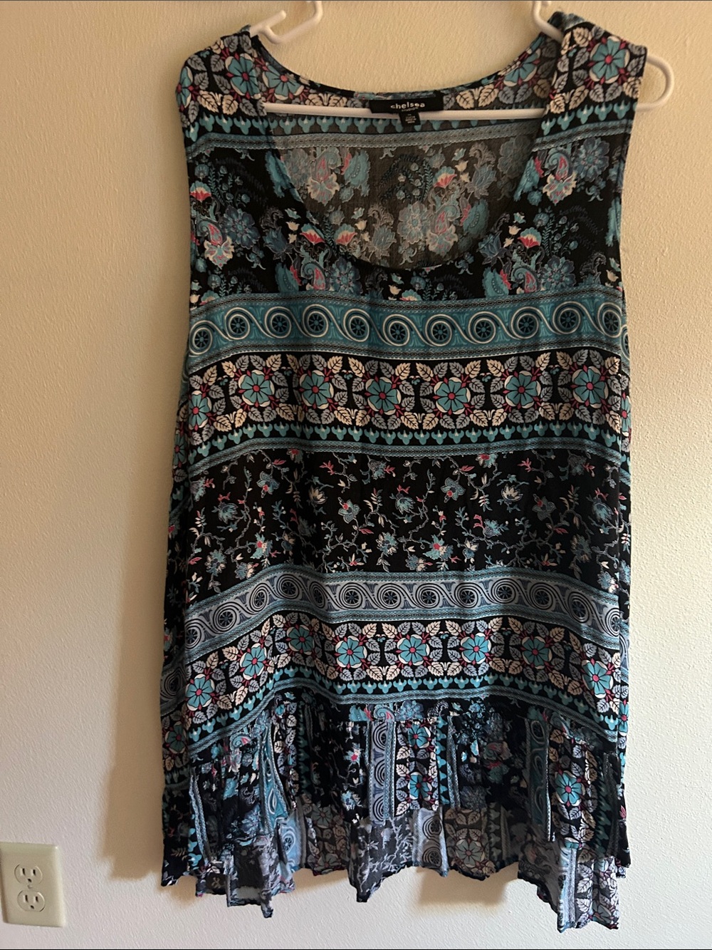 Chelsea Black & Teal Floral Rayon Boho Cottagecore Ruffle Hem Tunic: 1X (22-24)